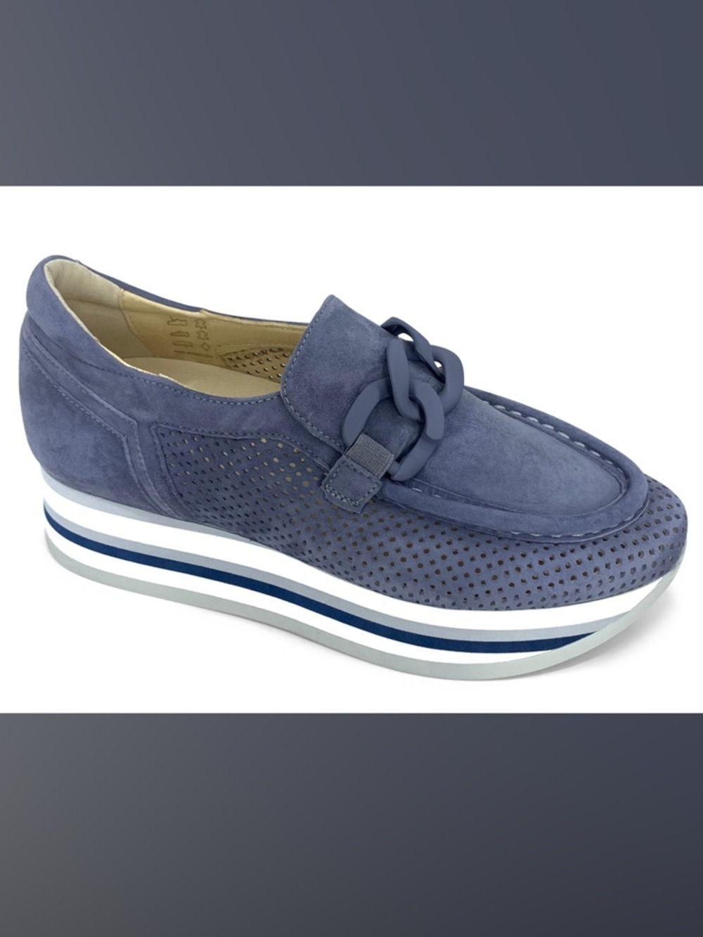 Softwaves Cassie Perforated Suede Platform Loafer with Chain Trim - Blue 10